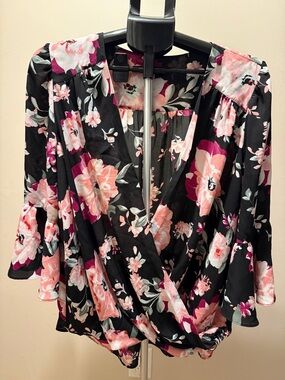Floral Wrap Blouse - Black with Pink Floral